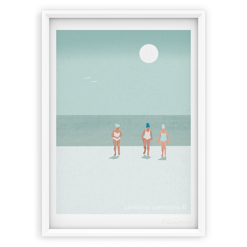 Illustrated Art Print Of Three Sea Swimmers In Guernsey